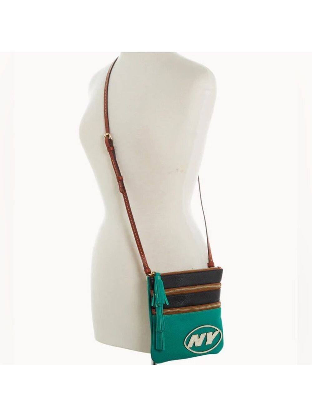 New York Jets Dooney & Bourke 3 Zip Pebbled Leather Crossbody Bag Jade $178 NWT - Picture 4 of 8